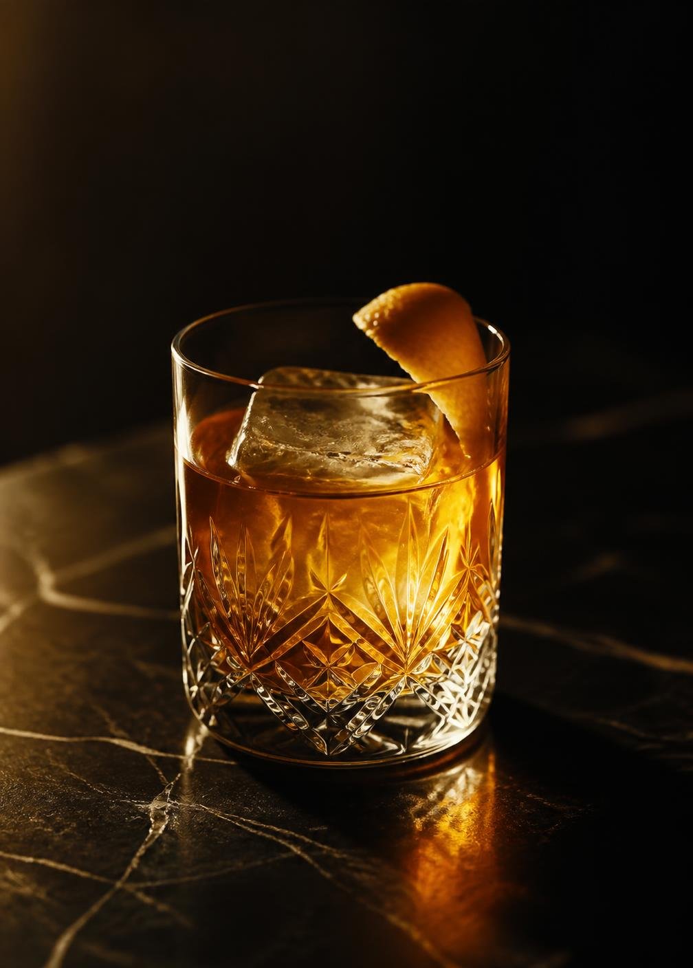Old fashioned cocktail on a marble bar